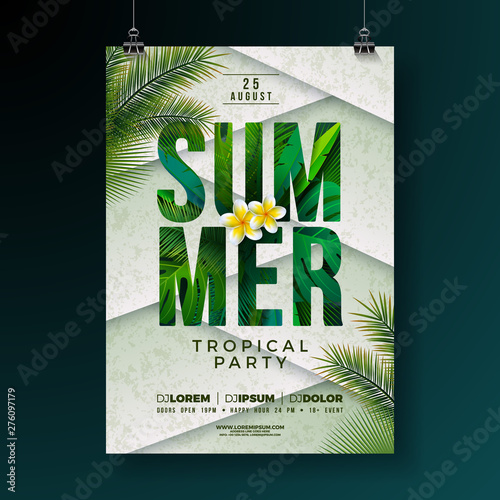 Vector Summer Party Flyer Design with Flower and Tropical Palm Leaves on Abstract Background. Summer Holiday Illustration with Exotic Plants and Typography Letter for Banner, Flyer, Invitation or