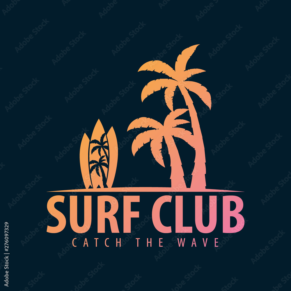 Naklejka premium Surfing Graphic and Emblem for web design or print. Surfer logo templates. Surf Club or Shop.