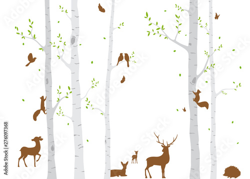 Birch Tree with deer and birds Silhouette Background