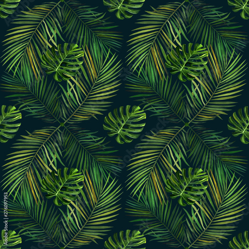 Watercolor pattern with tropical green palm leaves. Seamless pattern