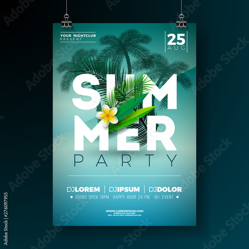 Vector Summer Party Flyer Design with Flower and Tropical Palm Trees on Blue Background. Summer Holiday Illustration with Exotic Plants and Typography Letter for Banner, Flyer, Invitation or Poster.