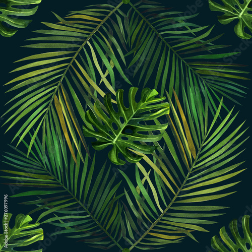 Watercolor pattern with tropical green palm leaves. Seamless pattern