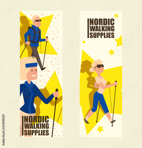 Nordic walking people landing page leisure sport time vector illustration. Active nordwalk sport man and woman exercise. Outdoor fitness characters. Trekking friends walker jogging person.