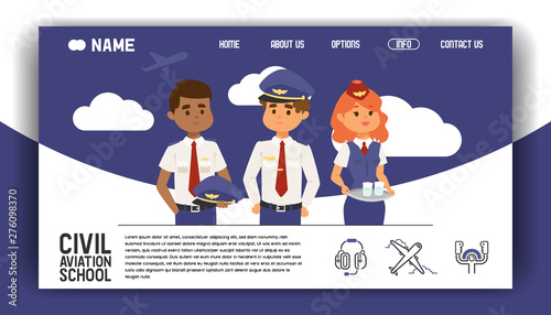 Flight civil aviation training academy landing page. Education aircraft commercial banner vector illustration. Stewardess steward, pilot private transportation business. Sky airport school.