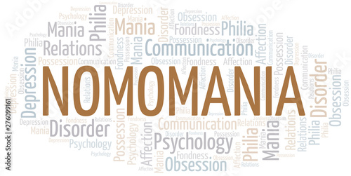 Nomomania word cloud. Type of mania, made with text only.
