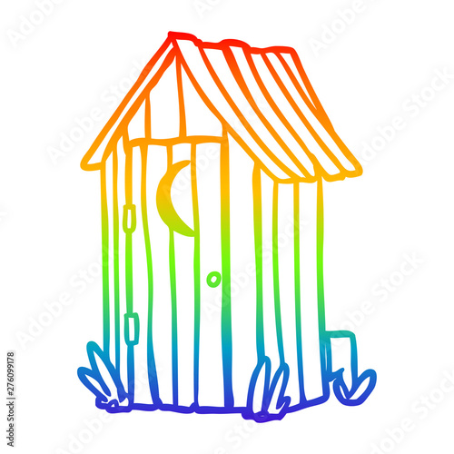 rainbow gradient line drawing traditional outdoor toilet with crescent moon window
