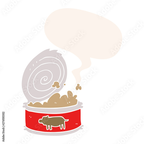 cartoon canned food and speech bubble in retro style