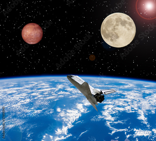Moon and Mars in outer space. Spaceship goes anywhere. Space concept. The elements of this image furnished by NASA.