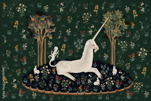 Unicorn rest illustration, poster, card in medieval tapestries style
