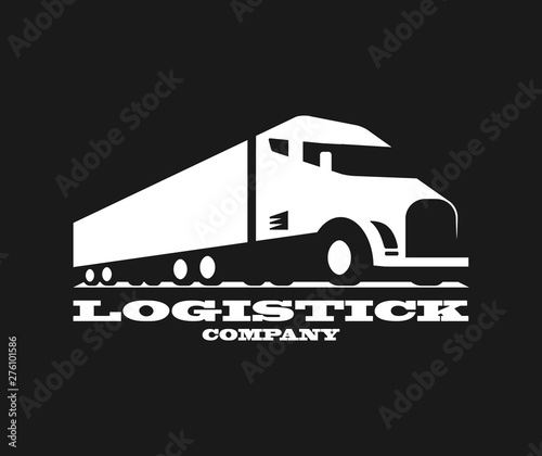 Vector eco truck logo. Emblem, banner, logotype of the logistics center, eco delivery, freight, heavy cargo. Black and white color. Monochrome style.