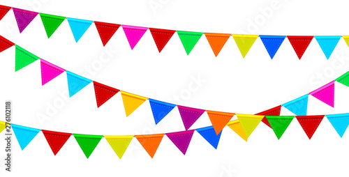Festive garlands of colored flags. Garland of multicolored small flags for decoration. Colored checkboxes on white isolated. Background of colored flags