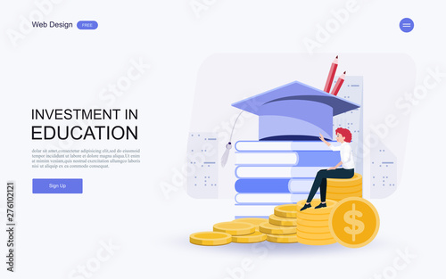 Flat design website banner of investment in knowledge, student loans, scholarships.money,savings for study.Vector illustration.