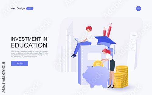 Flat design website banner of investment in knowledge, student loans, scholarships.money,savings for study.Vector illustration.