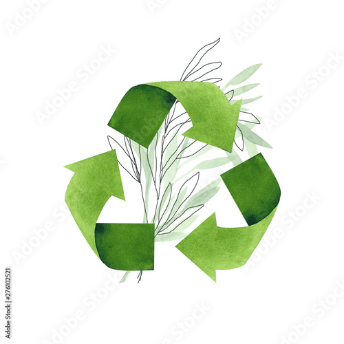 Watercolor recycling sign with leaves isolated on white background. Hand drawn reuse symbol for ecological design. Zero waste lifestyle. 