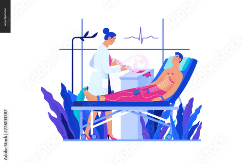 Medical tests blue illustration -ECG test -modern flat vector concept digital illustration of electrocardiography procedure -patient, sensors, doctor carrying out procedure, medical office, laboratory