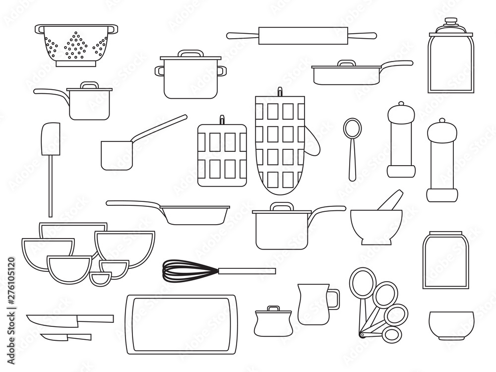 Collection of glassware kitchenware and cookware set of kitchen utensils for home cooking flat vector illustration, outline black white Collection of glassware kitchenware and cookware set of kitchen utensils for home cooking flat vector illustration, outline black white