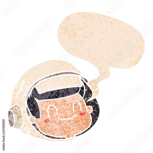 cartoon astronaut face and speech bubble in retro textured style