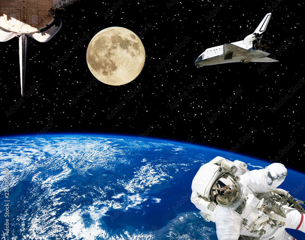 Astronaut, spaceships and moon. Earth on the backdrop. The elements of this image furnished by NASA. Astronaut, spaceships and moon. Earth on the backdrop. The elements of this image furnished by NASA.