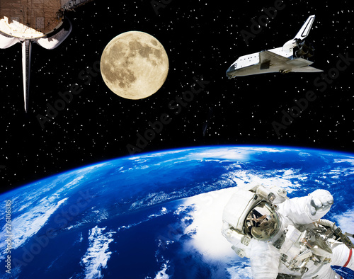 Astronaut  spaceships and moon. Earth on the backdrop. The elements of this image furnished by NASA.