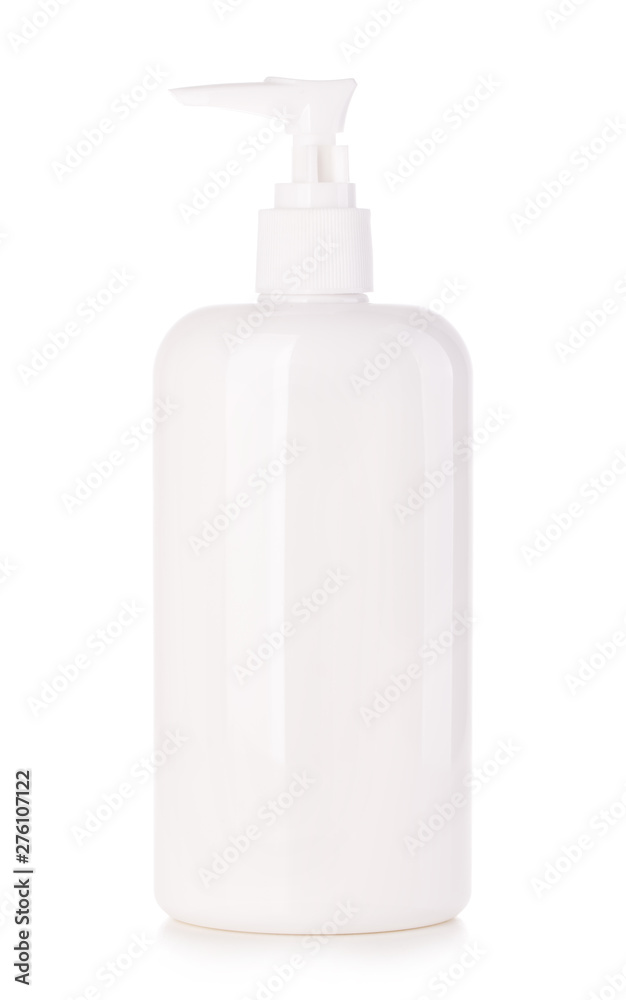Liquid container for gel, soap, cream, shampoo, bath foam. Cosmetic plastic bottle with white dispenser pump.