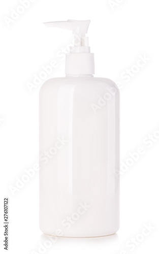 Liquid container for gel, soap, cream, shampoo, bath foam. Cosmetic plastic bottle with white dispenser pump. photo