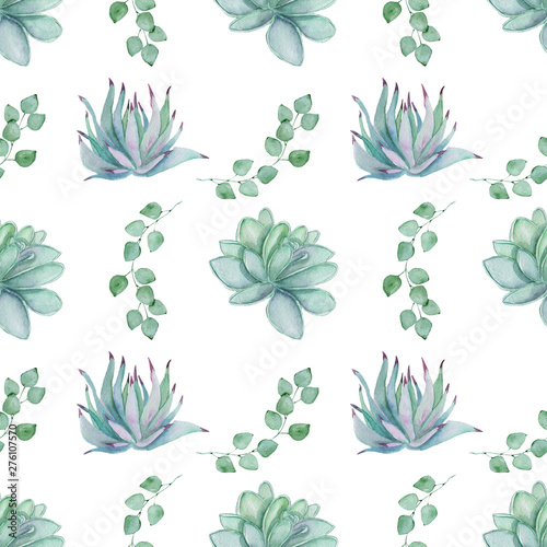 Seamless pattern with Succulents. Watercolor graphic for fabric, postcard, wedding or greeting card, book, poster, tee-shirt, banners, emblems, logo. Illustration, isolated objects.