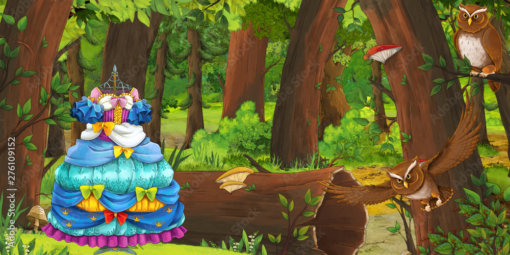 Obraz premium cartoon summer scene with deep forest and bird owl and beautiful dress - nobody on scene - illustration for children