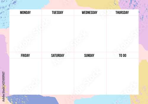 Creative weekly planner with pastel brushstroke on background. Stylish organizer and schedule. Planner template for print, office, school. Vector illustration.