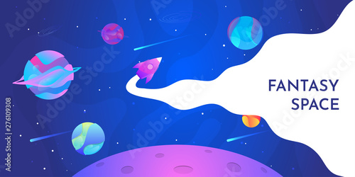 Vector illustration. Horizontal space background with abstract shape and planets. Web design. Space exploring. 