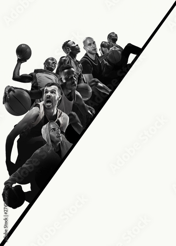 Fototapeta Naklejka Na Ścianę i Meble -  Creative collage of different photos of 4 basketball players with the balls in action of game. Black and white photos. Advertising, sport, healthy lifestyle, motion, activity, movement concept.