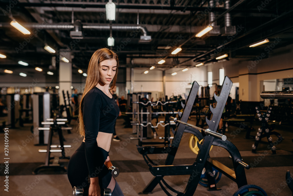 Sports life. Beautiful caucasian woman lifting weights dumbbell for her chest at gym inside. Sports life. Beautiful caucasian woman lifting weights dumbbell for her chest at gym inside.