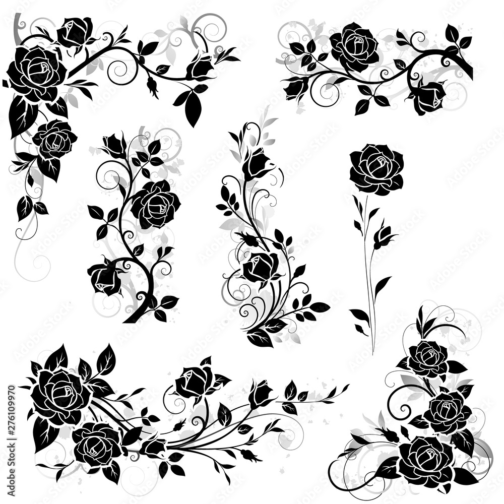  Set of decorative calligraphic design elements with vintage rose and leaves silhouette for border and frame decor. Vector illustration  - obrazy, fototapety, plakaty 