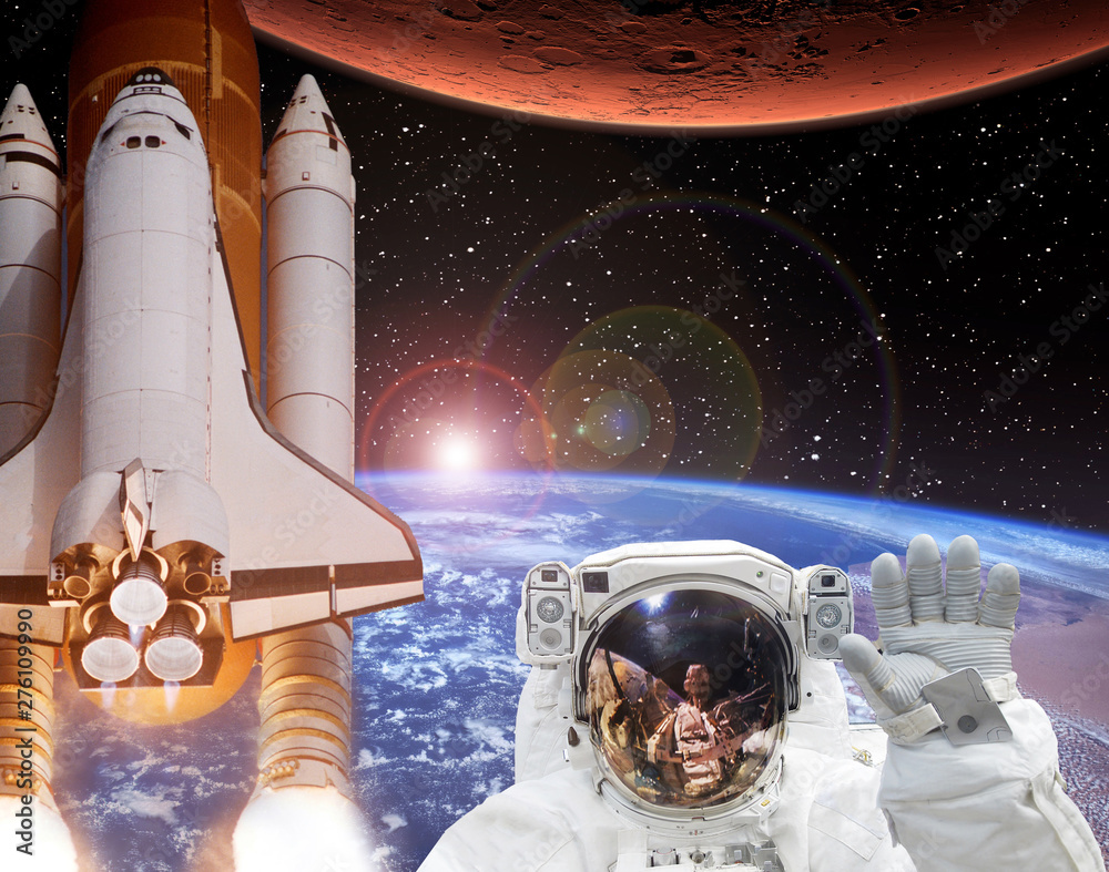 Rocket flies from earth to Mars. Astronaut waving in space. The elements of this image furnished by NASA.