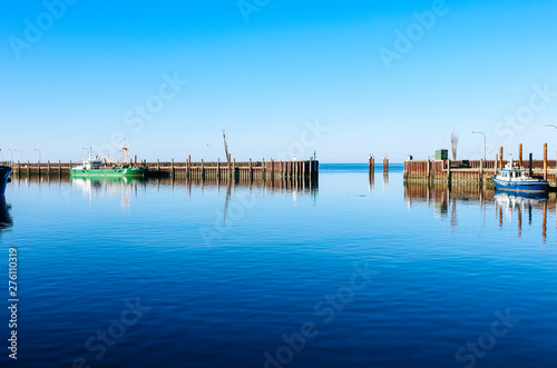 Calm blue water and sky scenery of the harbour in Hörnum, Sylt, Germany