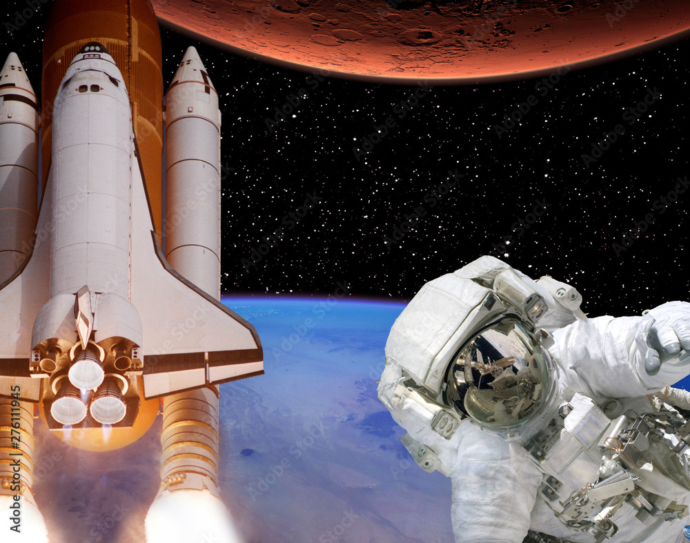 Rocket flies from earth to Mars. Astronaut in outer space. The elements of this image furnished by NASA. Rocket flies from earth to Mars. Astronaut in outer space. The elements of this image furnished by NASA.
