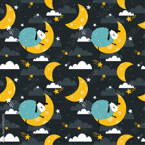 Sleeping sheeps, hand drawn backdrop. Colorful seamless pattern with animals, moon, stars. Decorative cute wallpaper, good for printing. Overlapping colored background vector. Design illustration