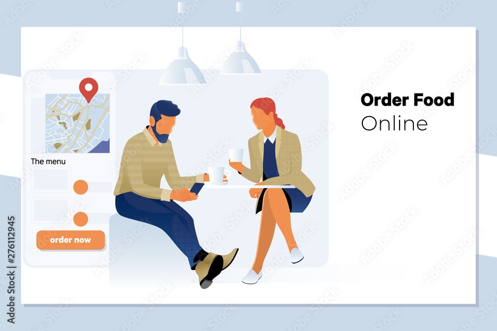 Online order. Young beautiful couple in kitchen ordering food online from restaurant Online order. Young beautiful couple in kitchen ordering food online from restaurant