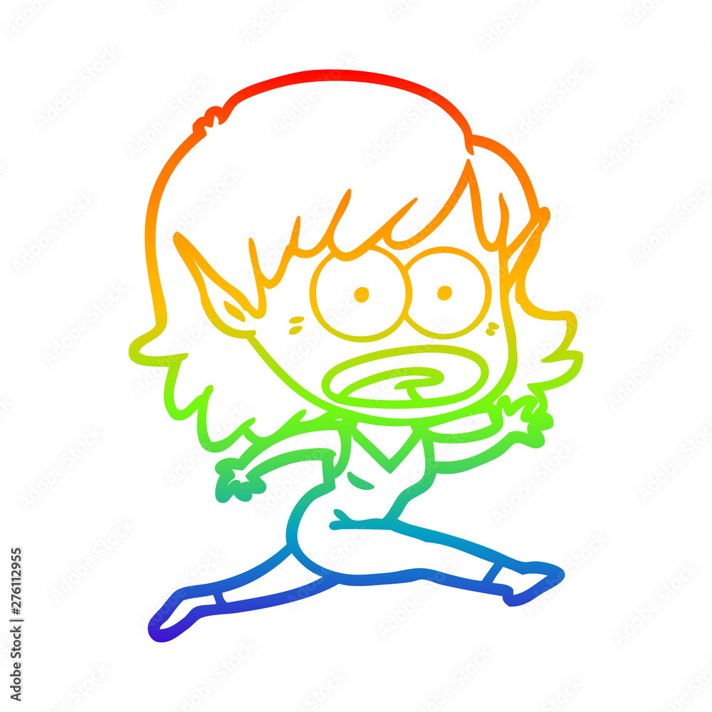 rainbow gradient line drawing cartoon shocked elf girl