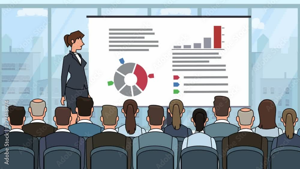 Flat cartoon businesswoman character speaker in conference business meeting near graph board