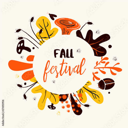Flat vector Illustration of mushrooms, herbs and bugs. Fall festival banner, poster. Frame with plants.