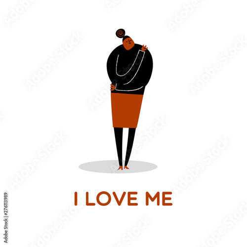 Funny vector cartoon illustration of women hugging herself. I love me. Isolated on white.