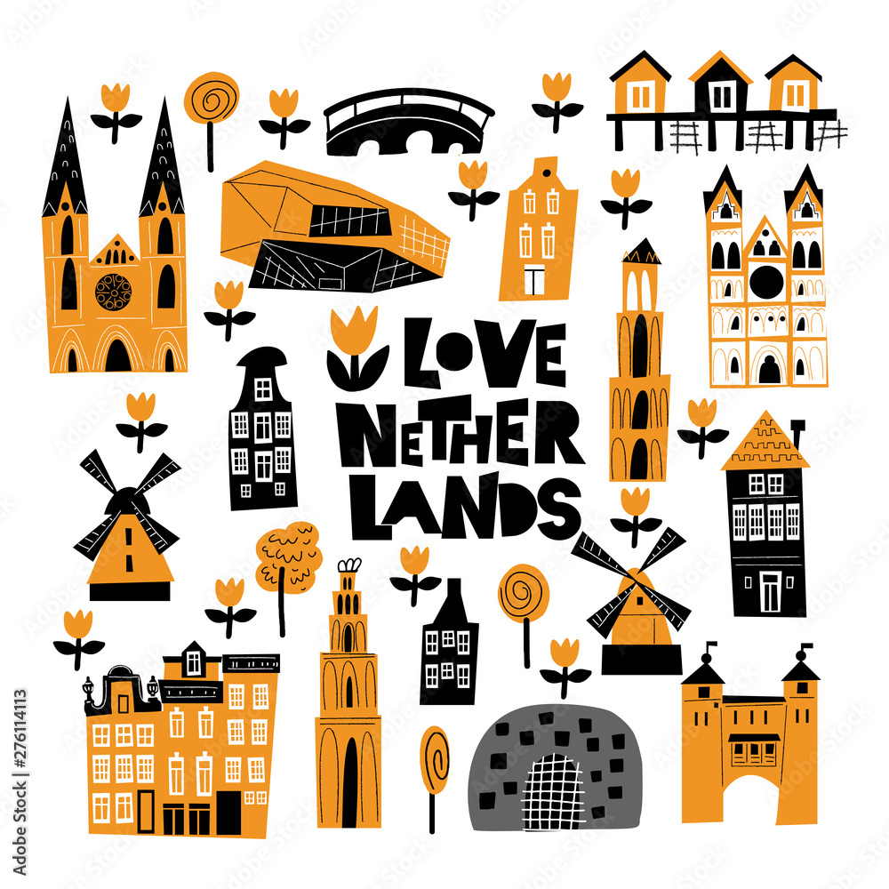 Vector cartoon illustration of different holland attractions and landmarks.