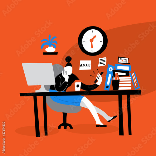 Vector illustration of young women sitting on her workplace and watching phone. Procrastination. Flat cartoon style. Red background.