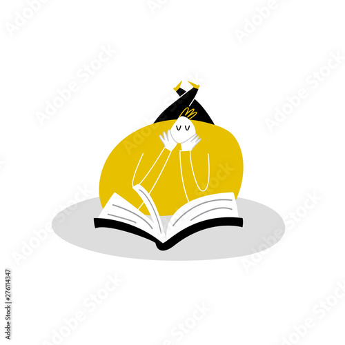 Vector cartoon flat illustration of male, lying and reading book. Isolated on white.