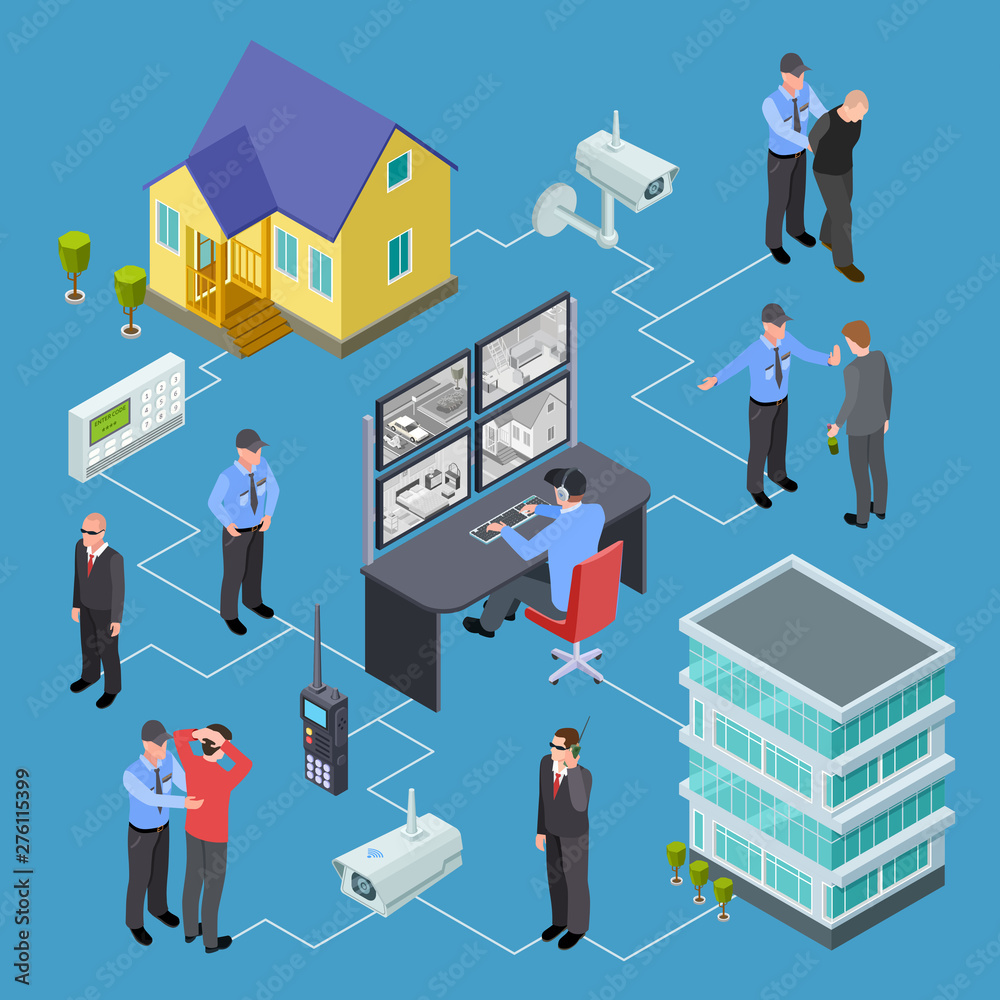 Naklejka premium Living buildings, apartment, houses security service isometric vector concept. Security protection home or building illustration
