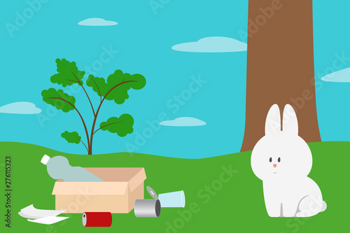 Garbage in forest. Environmental pollution. Vector illustration.
