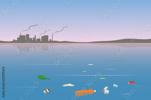 Emissions from plant pipes. Pollution of atmosphere and water. Vector illustration.