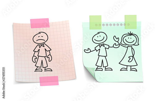 Loneliness vs happy love on paper sheets vector concept. Couple boyfriend and girlfriend love and sketchy lonely illustration