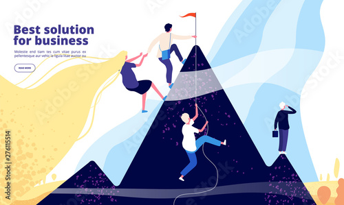 Business solutions landing. Business team climb on mountain. Successful company online consulting service. Web page vector design. Illustration of team climb to mountain, partnership and teamwork