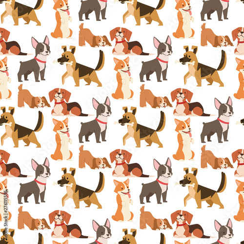 Fototapeta Naklejka Na Ścianę i Meble -  Puppy cute playing dogs characters funny purebred comic happy mammal doggy breed seamless pattern background vector illustration.